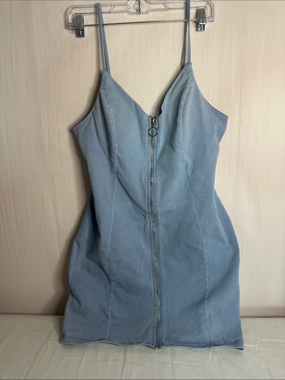 iris Light Blue Zip-Front Spaghetti Strap Mini Dress